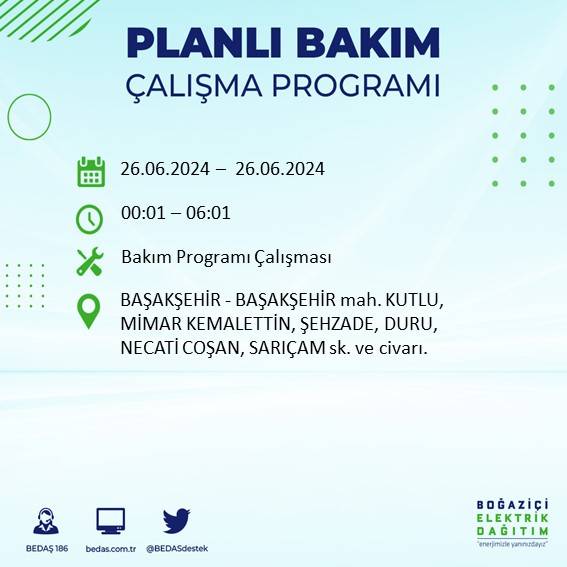BEDAŞ duyurdu: İstanbul'da yarın elektrik kesintisi yaşanacak ilçeler 6