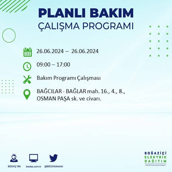 BEDAŞ duyurdu: İstanbul'da yarın elektrik kesintisi yaşanacak ilçeler 8