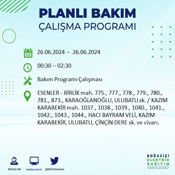 BEDAŞ duyurdu: İstanbul'da yarın elektrik kesintisi yaşanacak ilçeler 11