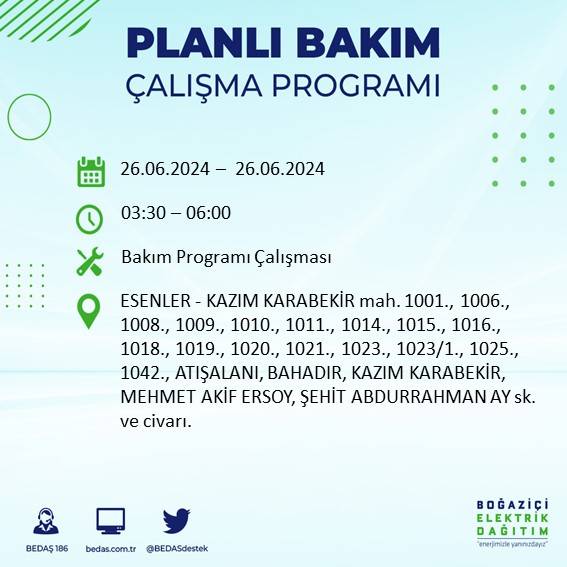 BEDAŞ duyurdu: İstanbul'da yarın elektrik kesintisi yaşanacak ilçeler 15