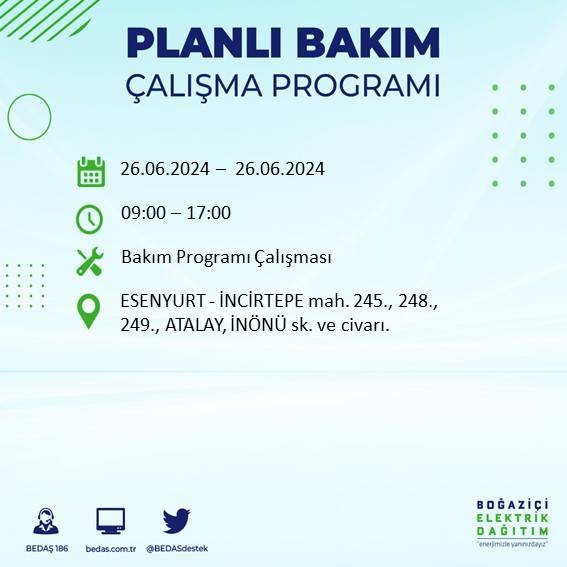 BEDAŞ duyurdu: İstanbul'da yarın elektrik kesintisi yaşanacak ilçeler 18