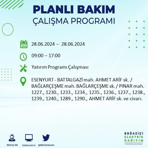 BEDAŞ açıkladı: Yarın İstanbul'da bu ilçelerde elektrik kesintisi yaşanacak 25