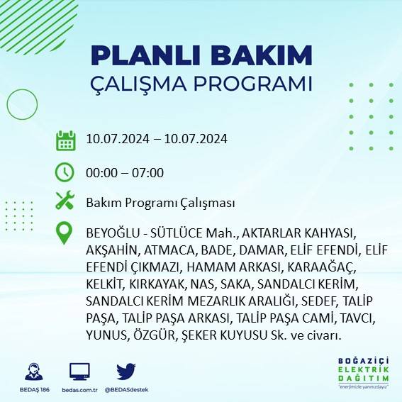 BEDAŞ açıkladı: İstanbul'da 10 Temmuz 2024'te elektrik kesintisi yaşanacak ilçeler 22