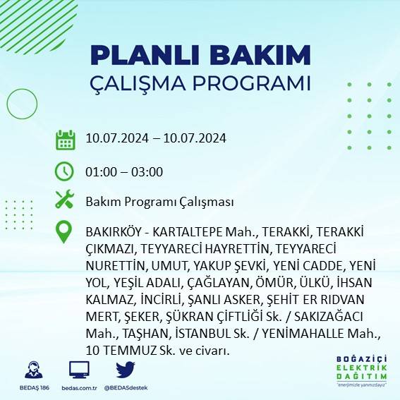 BEDAŞ açıkladı: İstanbul'da 10 Temmuz 2024'te elektrik kesintisi yaşanacak ilçeler 15