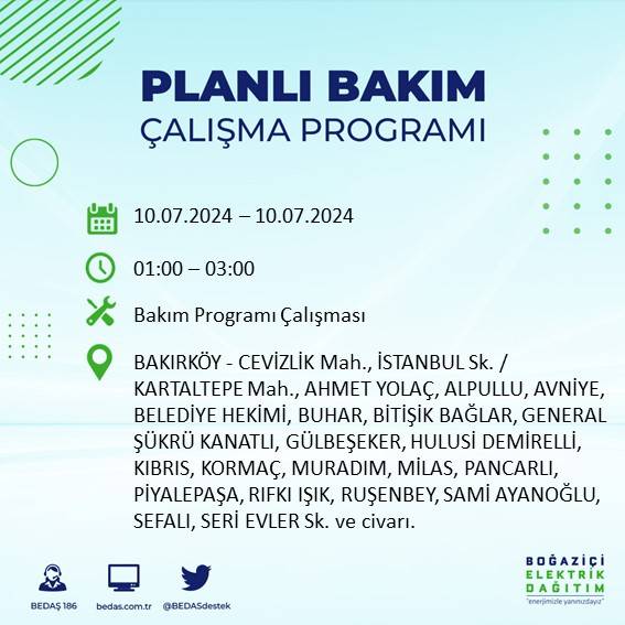 BEDAŞ açıkladı: İstanbul'da 10 Temmuz 2024'te elektrik kesintisi yaşanacak ilçeler 14