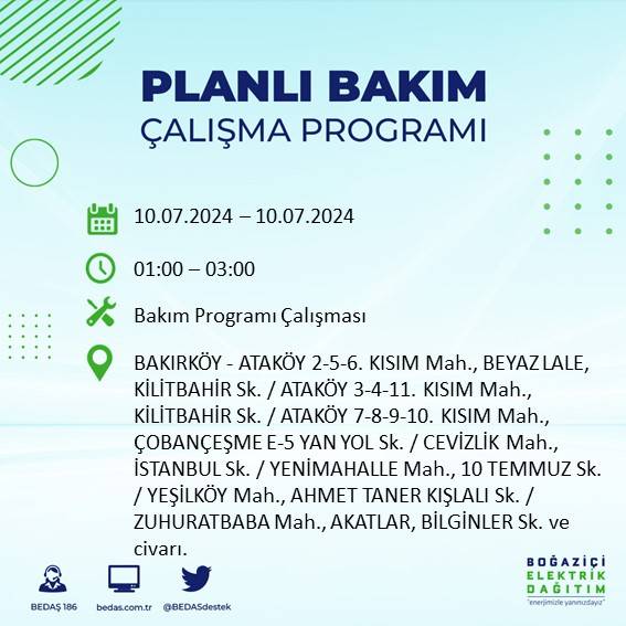 BEDAŞ açıkladı: İstanbul'da 10 Temmuz 2024'te elektrik kesintisi yaşanacak ilçeler 11