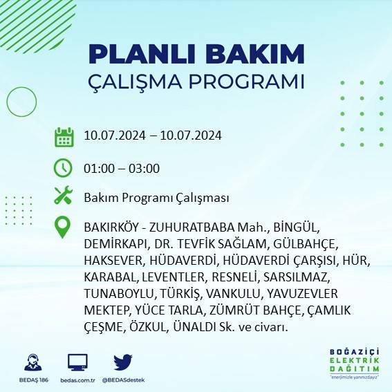 BEDAŞ açıkladı: İstanbul'da 10 Temmuz 2024'te elektrik kesintisi yaşanacak ilçeler 13