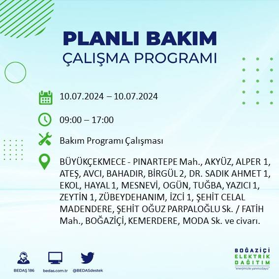 BEDAŞ açıkladı: İstanbul'da 10 Temmuz 2024'te elektrik kesintisi yaşanacak ilçeler 24