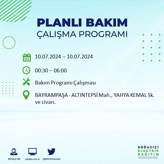 BEDAŞ açıkladı: İstanbul'da 10 Temmuz 2024'te elektrik kesintisi yaşanacak ilçeler 19