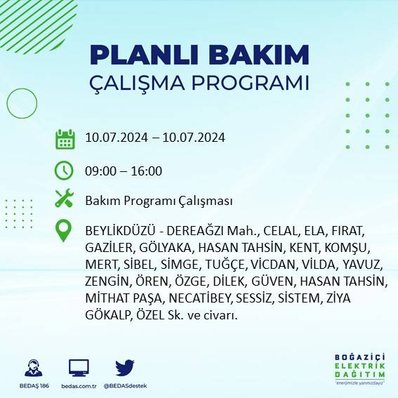 BEDAŞ açıkladı: İstanbul'da 10 Temmuz 2024'te elektrik kesintisi yaşanacak ilçeler 21