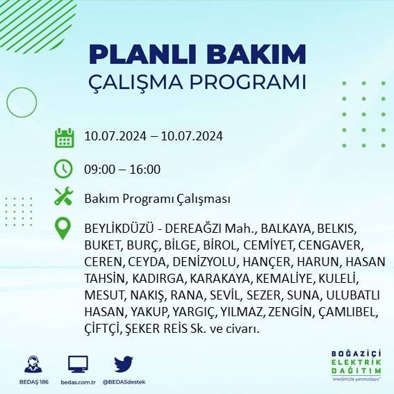 BEDAŞ açıkladı: İstanbul'da 10 Temmuz 2024'te elektrik kesintisi yaşanacak ilçeler 20