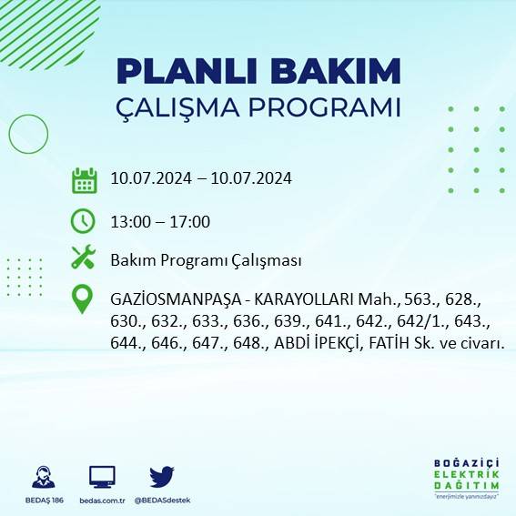 BEDAŞ açıkladı: İstanbul'da 10 Temmuz 2024'te elektrik kesintisi yaşanacak ilçeler 37