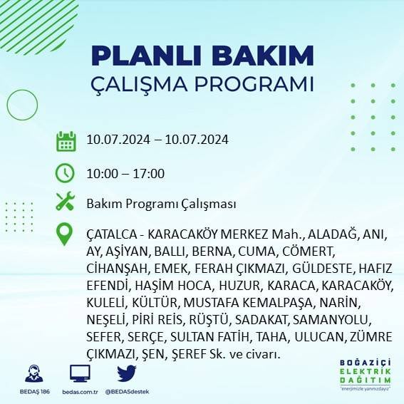 BEDAŞ açıkladı: İstanbul'da 10 Temmuz 2024'te elektrik kesintisi yaşanacak ilçeler 26