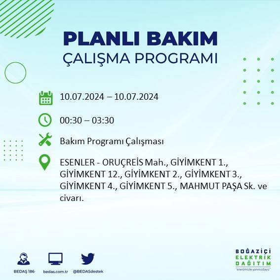 BEDAŞ açıkladı: İstanbul'da 10 Temmuz 2024'te elektrik kesintisi yaşanacak ilçeler 28