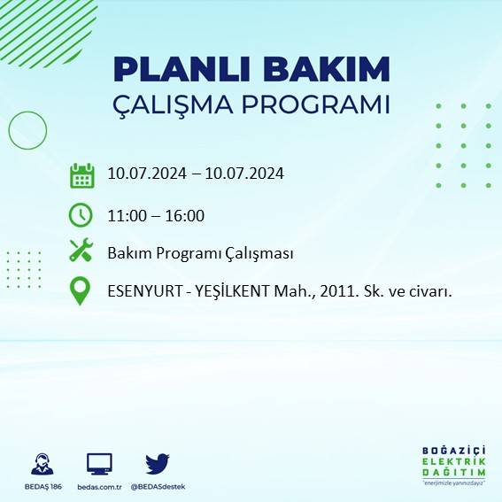 BEDAŞ açıkladı: İstanbul'da 10 Temmuz 2024'te elektrik kesintisi yaşanacak ilçeler 33