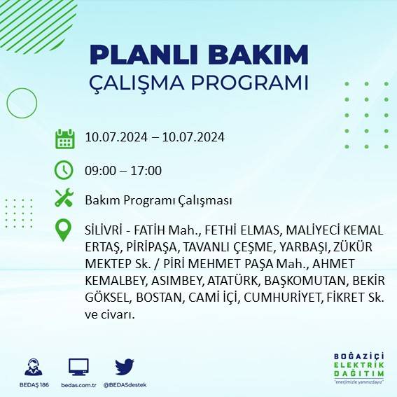 BEDAŞ açıkladı: İstanbul'da 10 Temmuz 2024'te elektrik kesintisi yaşanacak ilçeler 35