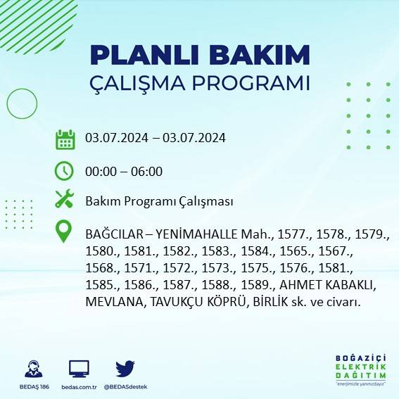 BEDAŞ paylaştı: İstanbul'da bugün elektrik kesintisi yaşanacak ilçeler 60