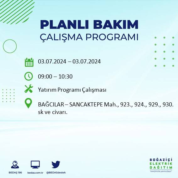 BEDAŞ paylaştı: İstanbul'da bugün elektrik kesintisi yaşanacak ilçeler 50