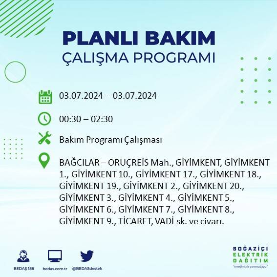 BEDAŞ paylaştı: İstanbul'da bugün elektrik kesintisi yaşanacak ilçeler 40