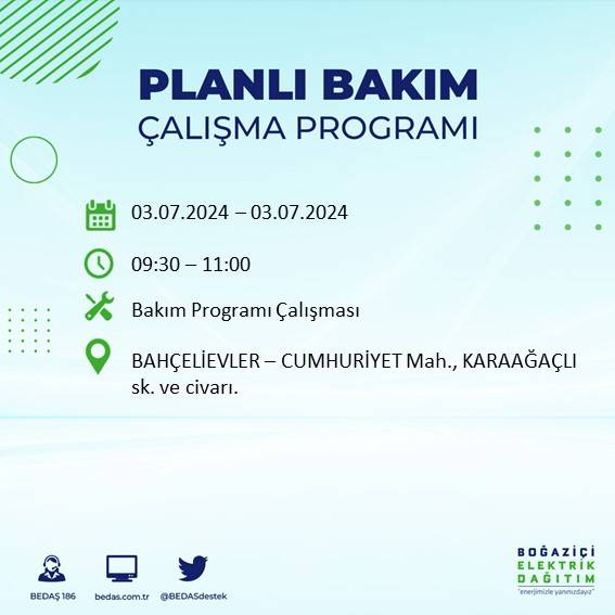 BEDAŞ paylaştı: İstanbul'da bugün elektrik kesintisi yaşanacak ilçeler 35