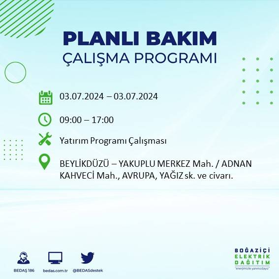 BEDAŞ paylaştı: İstanbul'da bugün elektrik kesintisi yaşanacak ilçeler 36