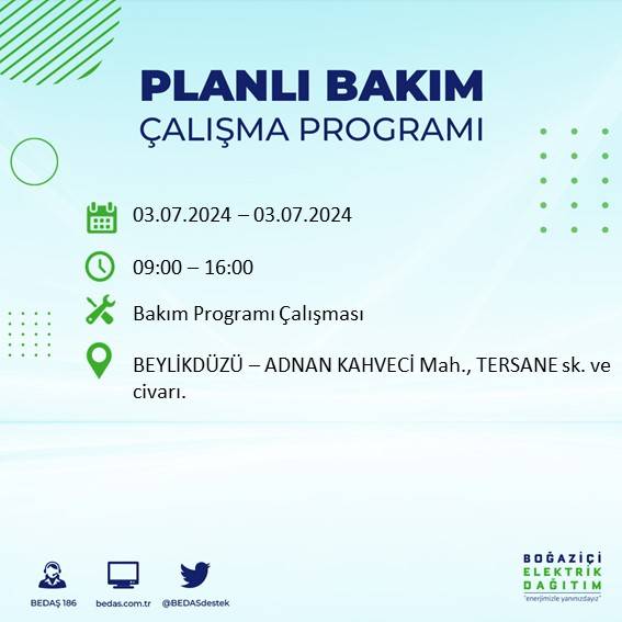 BEDAŞ paylaştı: İstanbul'da bugün elektrik kesintisi yaşanacak ilçeler 39