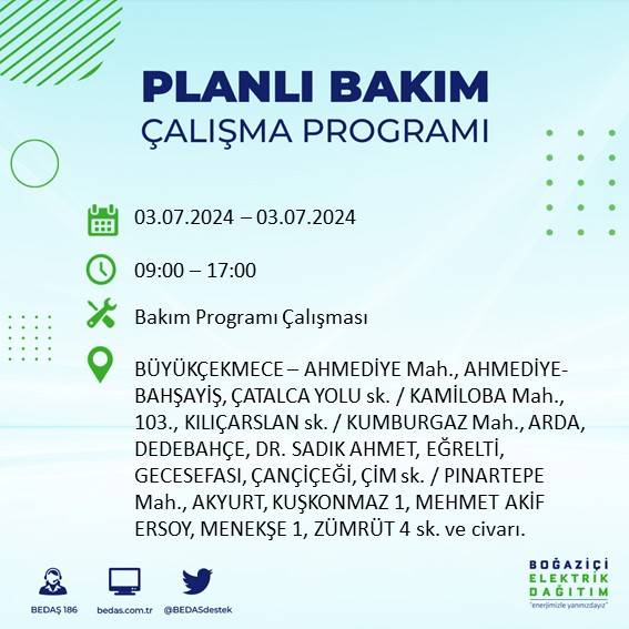 BEDAŞ paylaştı: İstanbul'da bugün elektrik kesintisi yaşanacak ilçeler 34