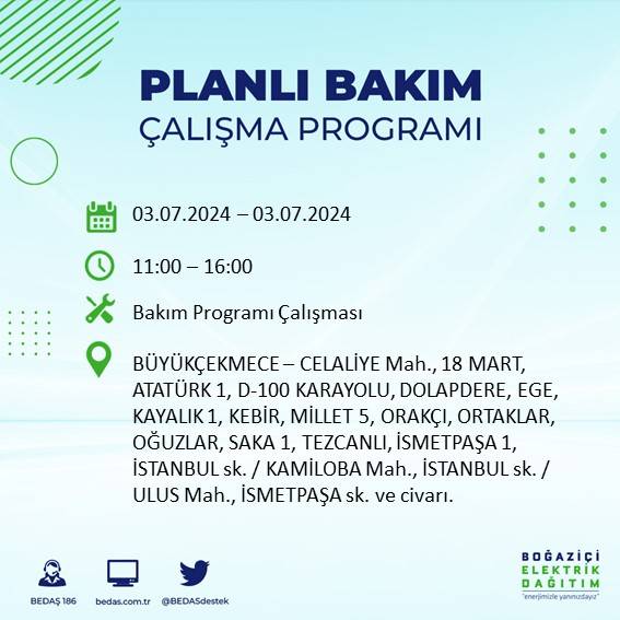 BEDAŞ paylaştı: İstanbul'da bugün elektrik kesintisi yaşanacak ilçeler 33