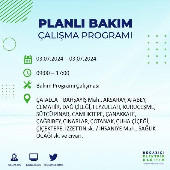 BEDAŞ paylaştı: İstanbul'da bugün elektrik kesintisi yaşanacak ilçeler 27