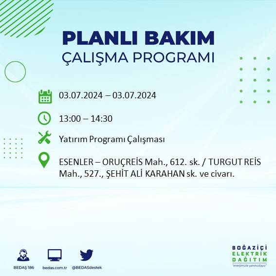 BEDAŞ paylaştı: İstanbul'da bugün elektrik kesintisi yaşanacak ilçeler 24