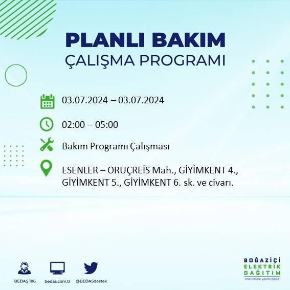 BEDAŞ paylaştı: İstanbul'da bugün elektrik kesintisi yaşanacak ilçeler 22