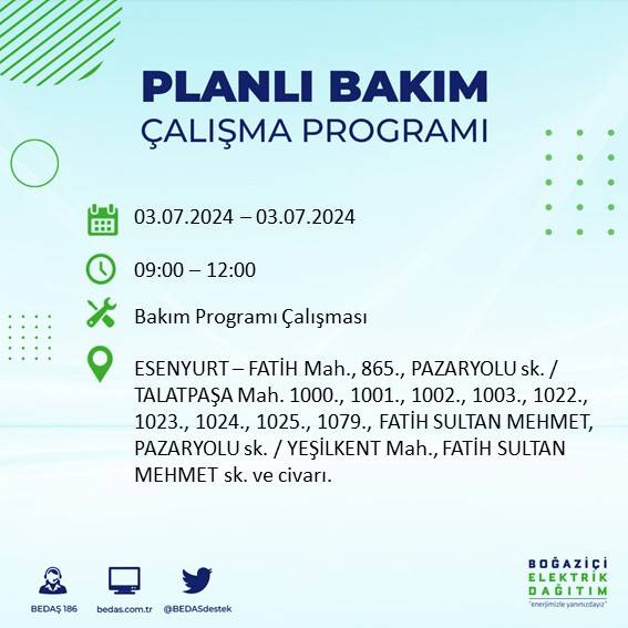 BEDAŞ paylaştı: İstanbul'da bugün elektrik kesintisi yaşanacak ilçeler 19