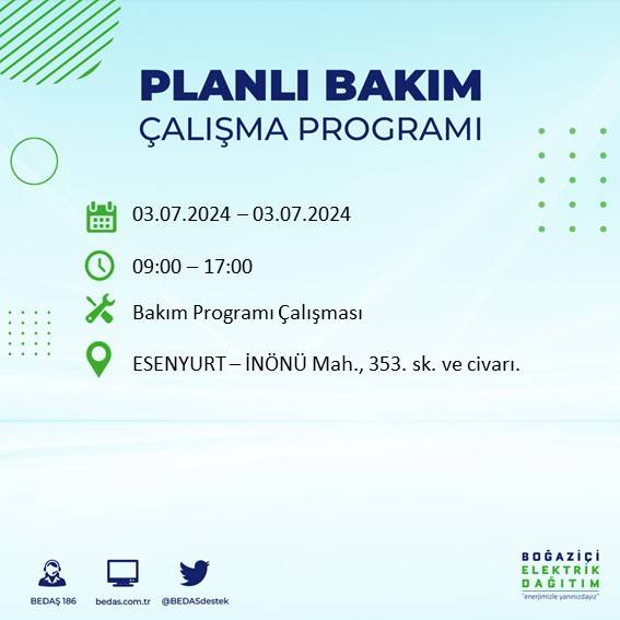 BEDAŞ paylaştı: İstanbul'da bugün elektrik kesintisi yaşanacak ilçeler 18