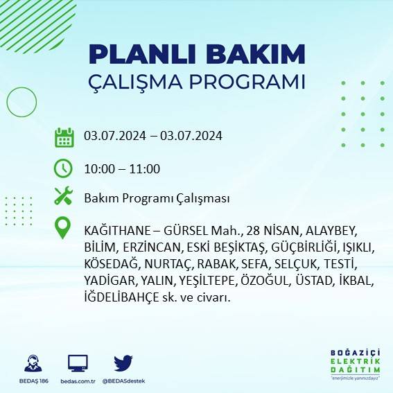 BEDAŞ paylaştı: İstanbul'da bugün elektrik kesintisi yaşanacak ilçeler 1