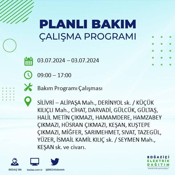 BEDAŞ paylaştı: İstanbul'da bugün elektrik kesintisi yaşanacak ilçeler 10