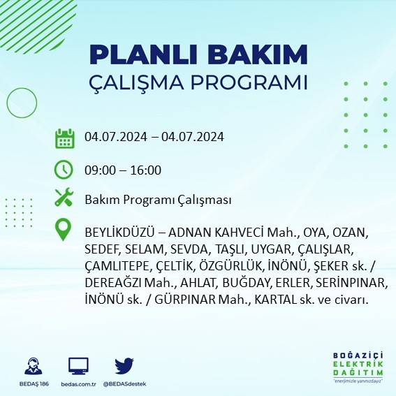 BEDAŞ paylaştı: İstanbul'da yarın elektrik kesintisi yaşanacak ilçeler 29