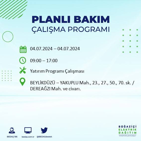 BEDAŞ paylaştı: İstanbul'da yarın elektrik kesintisi yaşanacak ilçeler 30