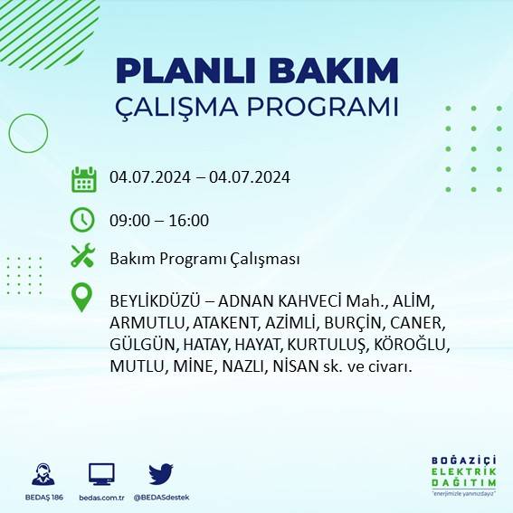 BEDAŞ paylaştı: İstanbul'da yarın elektrik kesintisi yaşanacak ilçeler 31