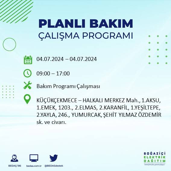 BEDAŞ paylaştı: İstanbul'da yarın elektrik kesintisi yaşanacak ilçeler 18