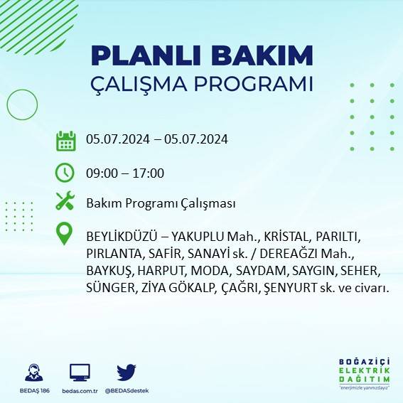 BEDAŞ açıkladı: İstanbul'da bugün elektrik kesintisi yaşanacak ilçeler 36