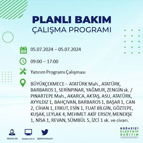 BEDAŞ açıkladı: İstanbul'da bugün elektrik kesintisi yaşanacak ilçeler 23