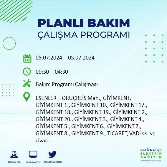 BEDAŞ açıkladı: İstanbul'da bugün elektrik kesintisi yaşanacak ilçeler 37