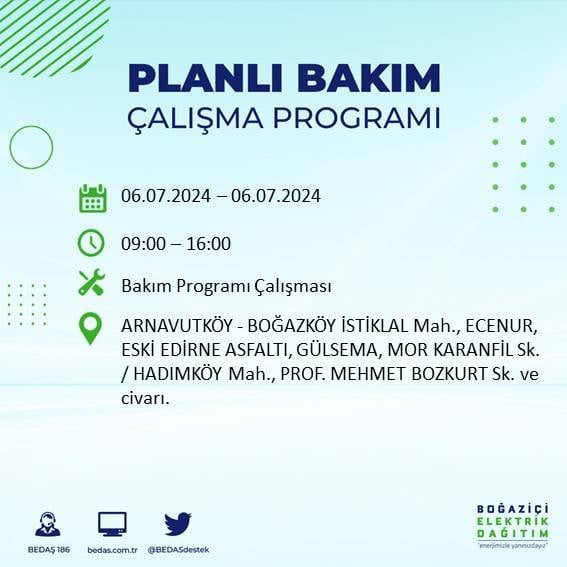 BEDAŞ duyurdu: İstanbul'da 6 Temmuz'da elektrik kesintisi yaşanacak ilçeler 36