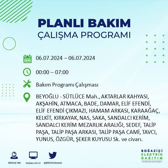 BEDAŞ duyurdu: İstanbul'da 6 Temmuz'da elektrik kesintisi yaşanacak ilçeler 27