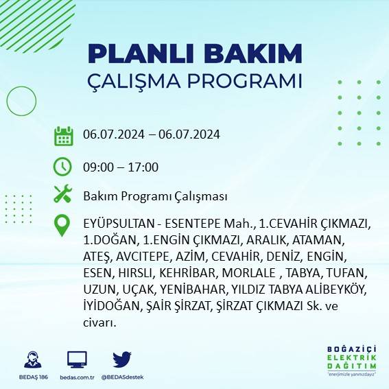 BEDAŞ duyurdu: İstanbul'da 6 Temmuz'da elektrik kesintisi yaşanacak ilçeler 26