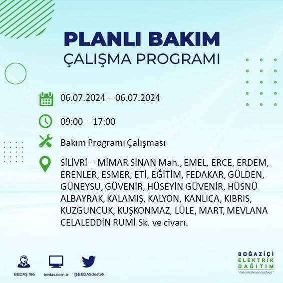 BEDAŞ duyurdu: İstanbul'da 6 Temmuz'da elektrik kesintisi yaşanacak ilçeler 19