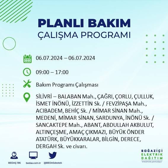 BEDAŞ duyurdu: İstanbul'da 6 Temmuz'da elektrik kesintisi yaşanacak ilçeler 17