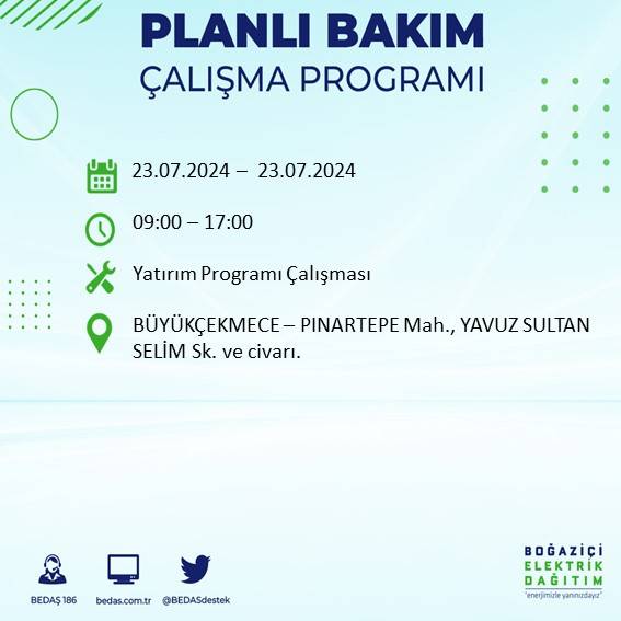 BEDAŞ açıkladı: İstanbul'da 23 Temmuz'da elektrik kesintisi yaşanacak ilçeler 21