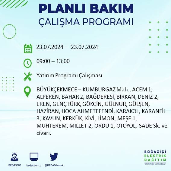 BEDAŞ açıkladı: İstanbul'da 23 Temmuz'da elektrik kesintisi yaşanacak ilçeler 16