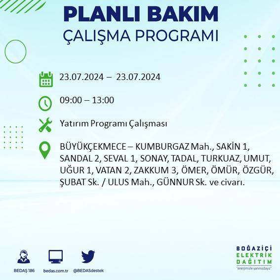 BEDAŞ açıkladı: İstanbul'da 23 Temmuz'da elektrik kesintisi yaşanacak ilçeler 19